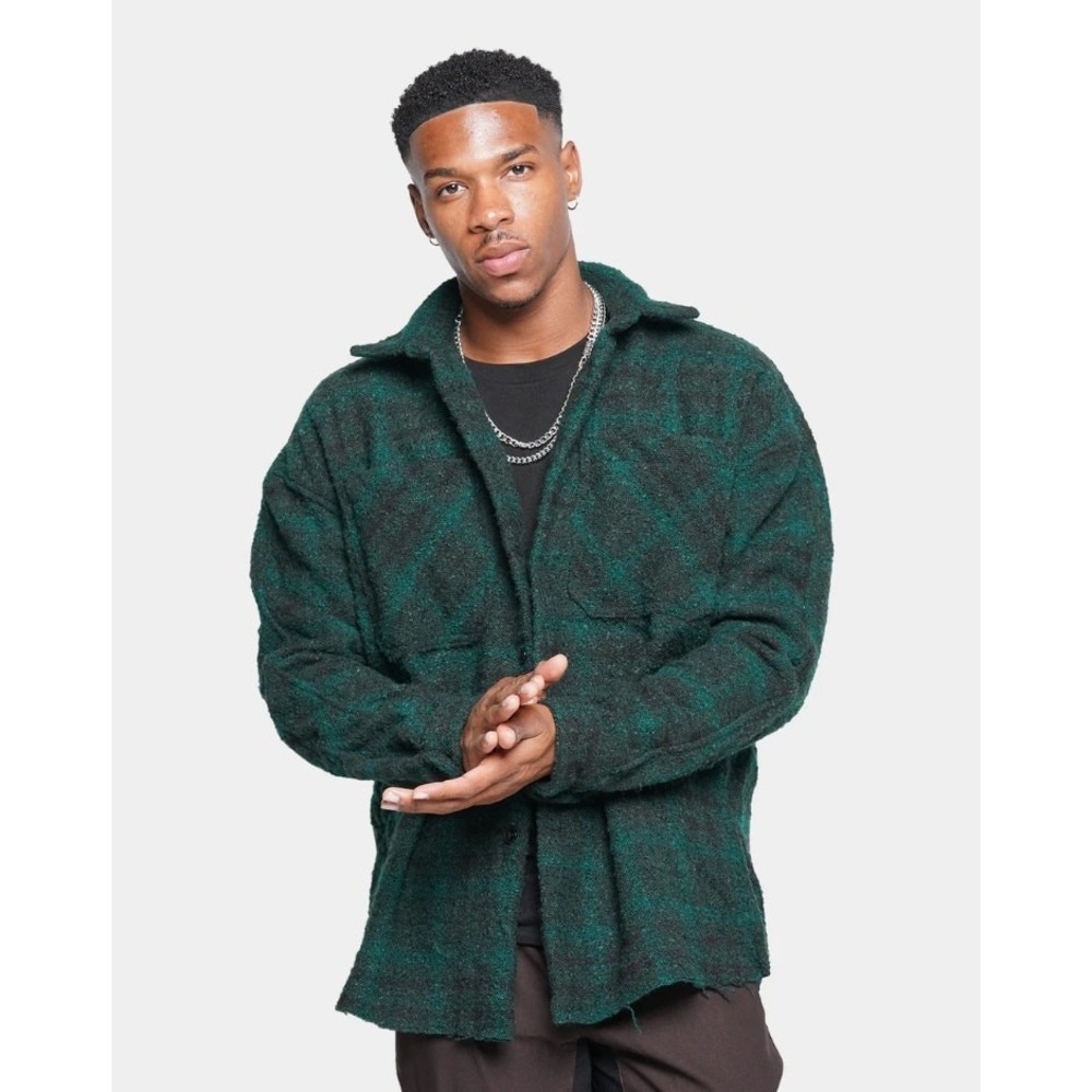 MNML Loose Woven Flannel Shirt Mens Medium Green Plaid Button Up Heavyweight‎